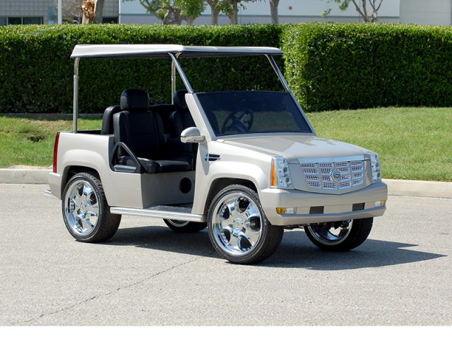 Silver Escalade Golf Cart With Roof and Custom Wheels affordable golf cart rental, golf cart rent bimini