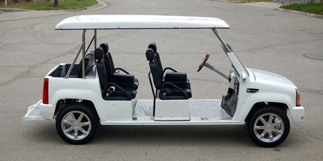 White Escalade Limo Golf Cart affordable golf cart rental, golf cart rent bimini